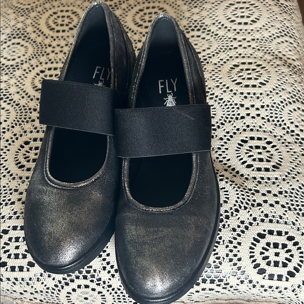 Fly London Metallic Black Mary Jane Flats